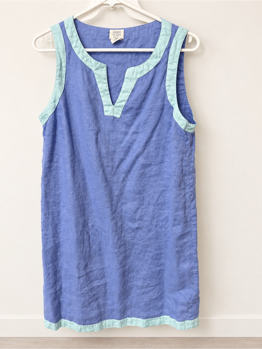 Sigrid Olsen Blue Linen Shift Dress with Mint Trim